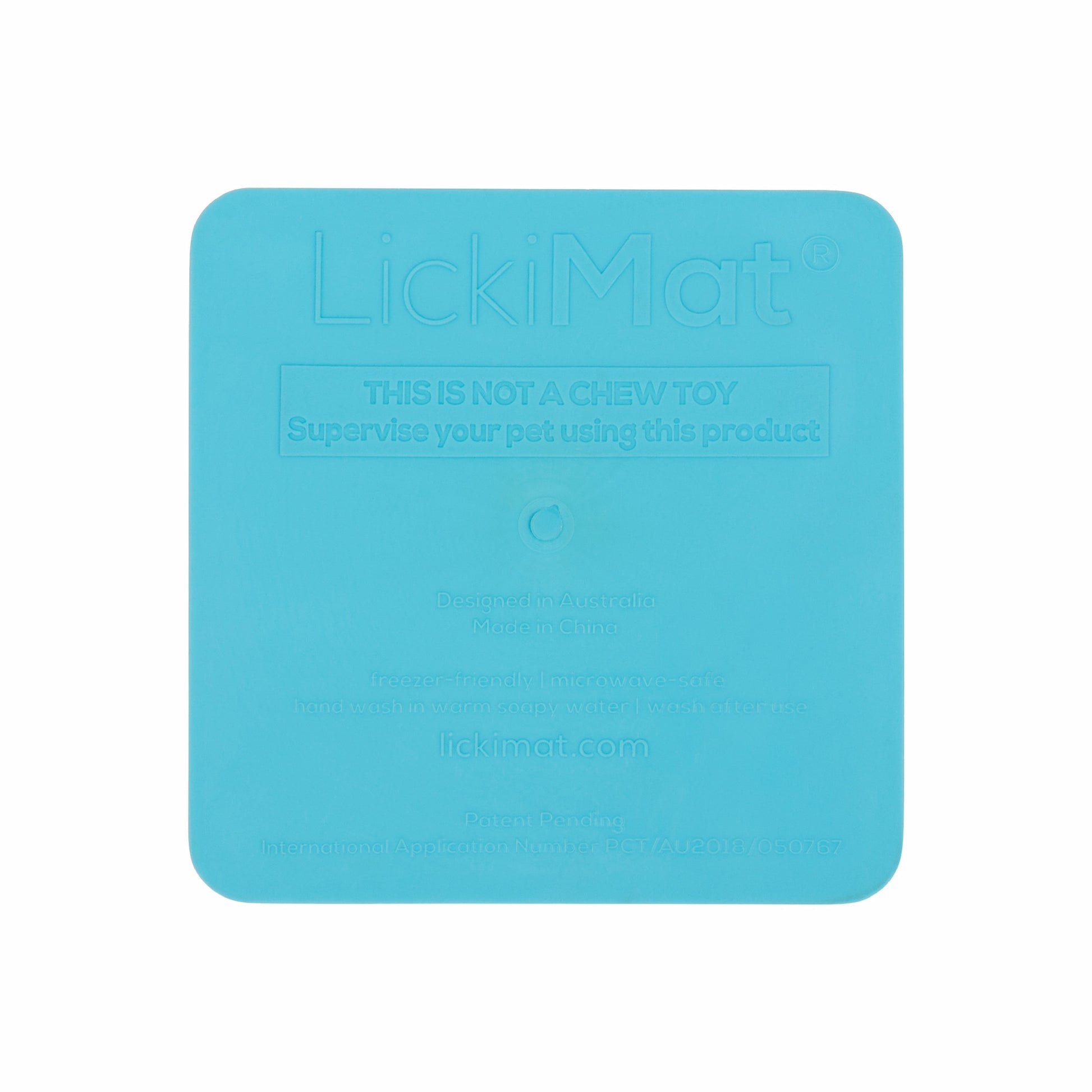 Turquoise LickiMat Kitty™ – Slow Feeder Lick Mat with Hydration Well for Cats (rear) on white background