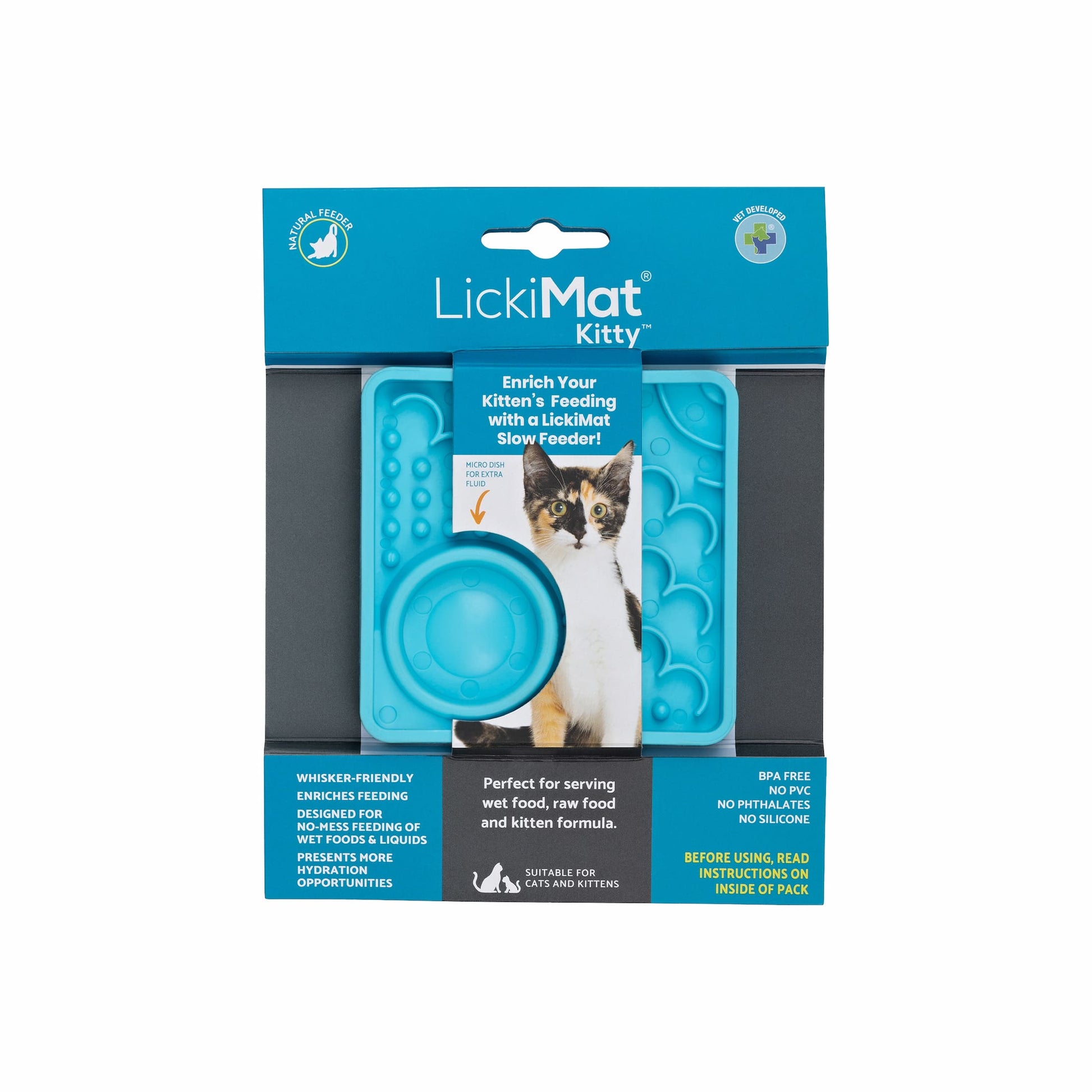 Turquoise LickiMat Kitty™ – Slow Feeder Lick Mat with Hydration Well for Cats (label) on white background