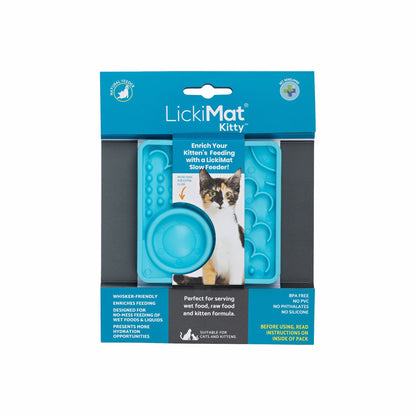 Turquoise LickiMat Kitty™ – Slow Feeder Lick Mat with Hydration Well for Cats (label) on white background