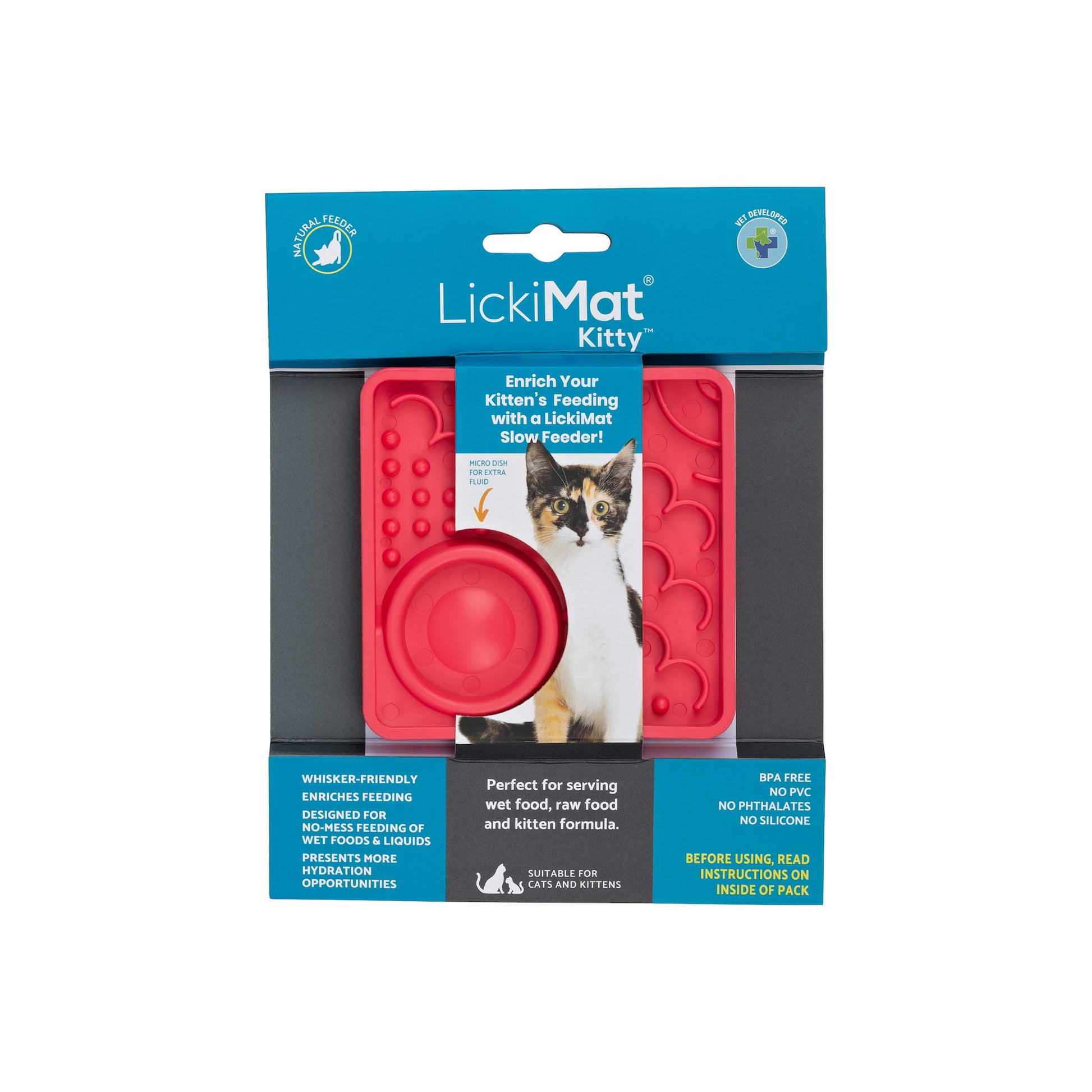Pink LickiMat Kitty™ – Slow Feeder Lick Mat with Hydration Well for Cats (label) on white background