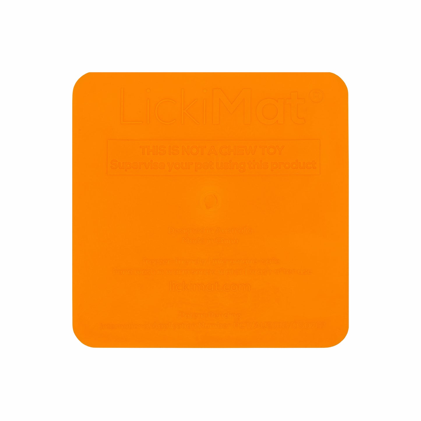 Orange LickiMat Kitty™ – Slow Feeder Lick Mat with Hydration Well for Cats (rear) on white background