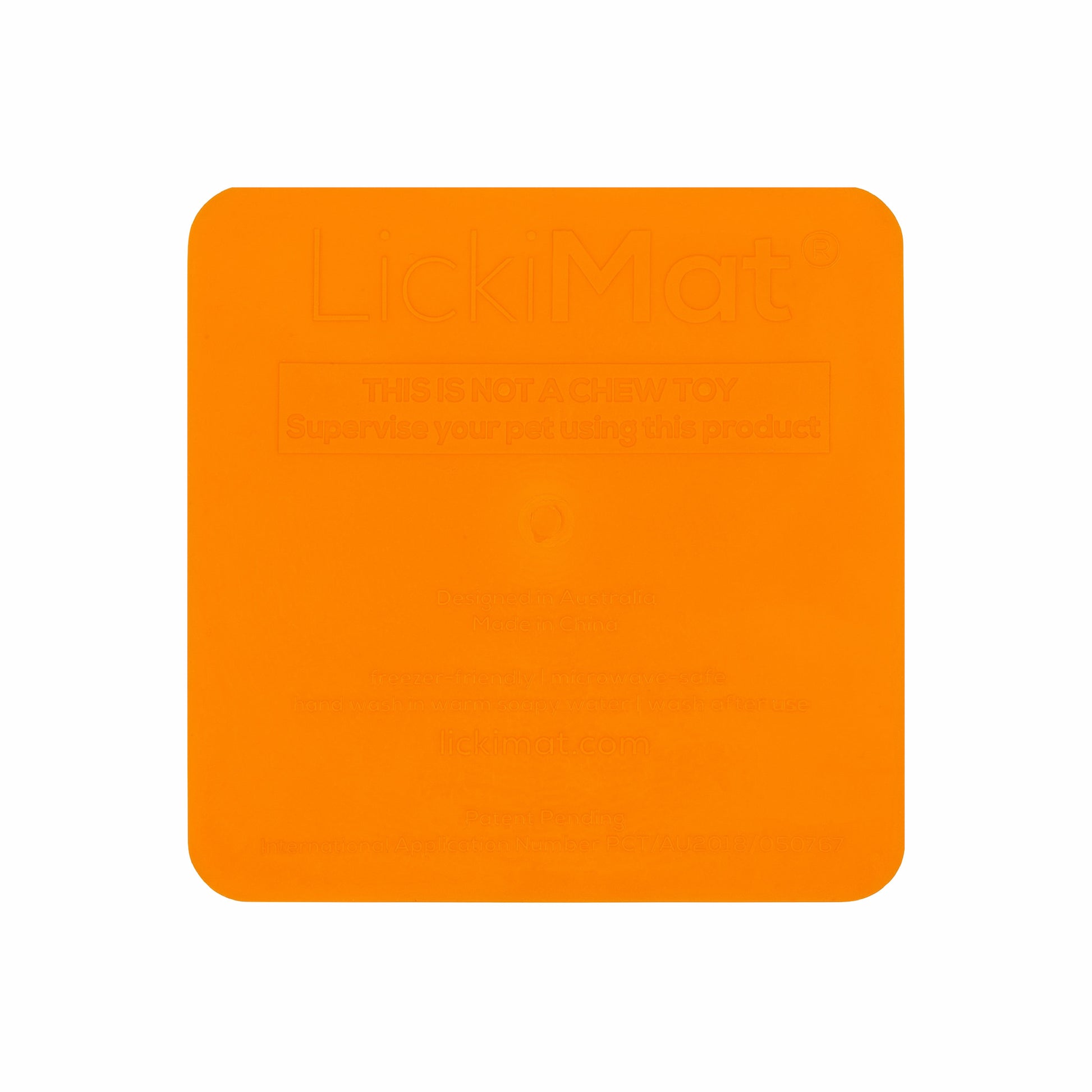 Orange LickiMat Kitty™ – Slow Feeder Lick Mat with Hydration Well for Cats (rear) on white background