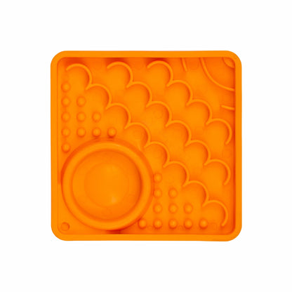 Orange LickiMat Kitty™ – Slow Feeder Lick Mat with Hydration Well for Cats (front) on white background