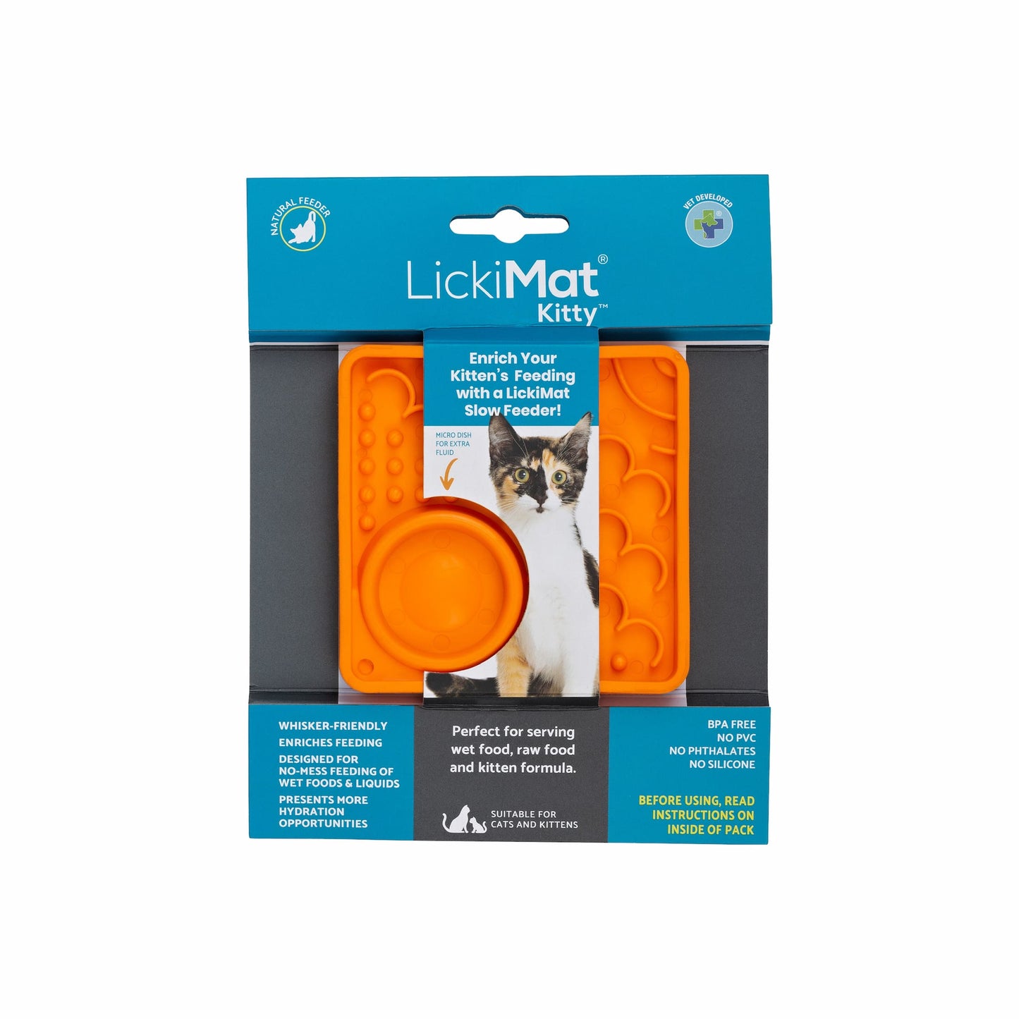 Orange LickiMat Kitty™ – Slow Feeder Lick Mat with Hydration Well for Cats (label) on white background