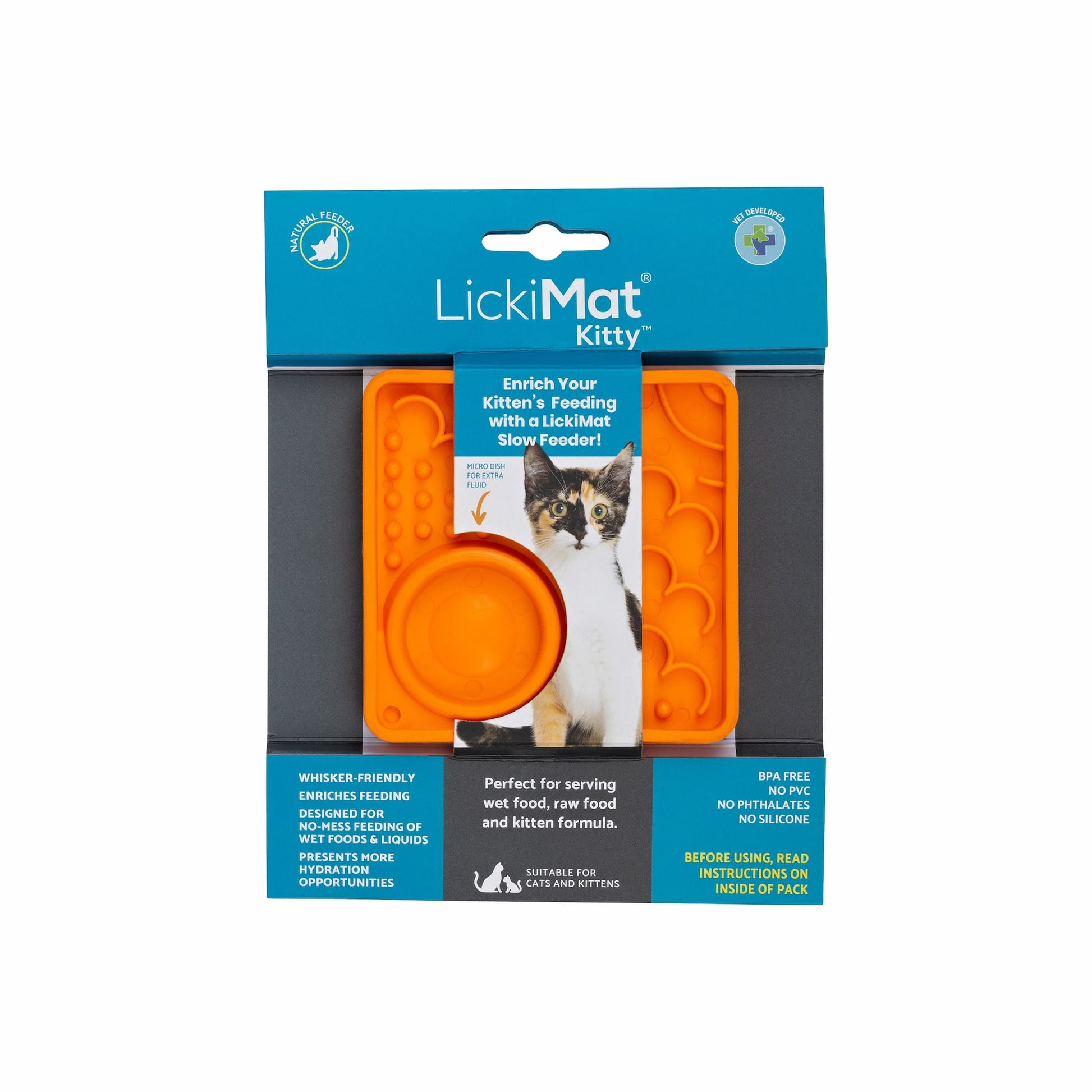 Orange LickiMat Kitty™ – Slow Feeder Lick Mat with Hydration Well for Cats (label) on white background