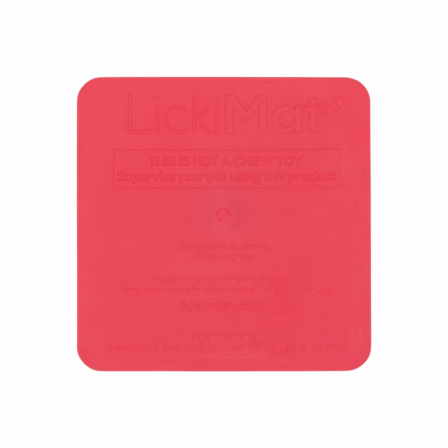 Pink LickiMat Kitty™ – Slow Feeder Lick Mat with Hydration Well for Cats (rear) on white background