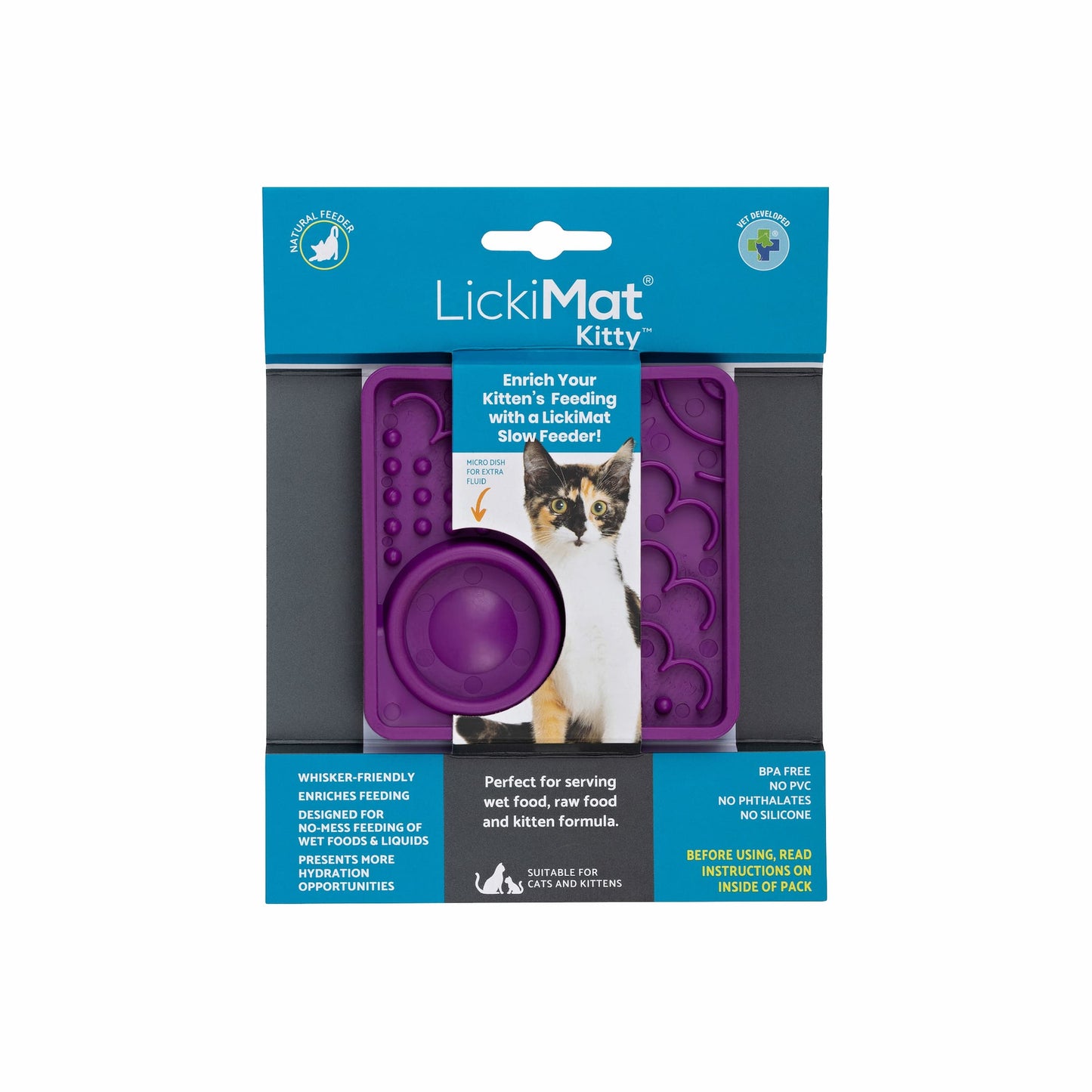 Purple LickiMat Kitty™ – Slow Feeder Lick Mat with Hydration Well for Cats (label) on white background