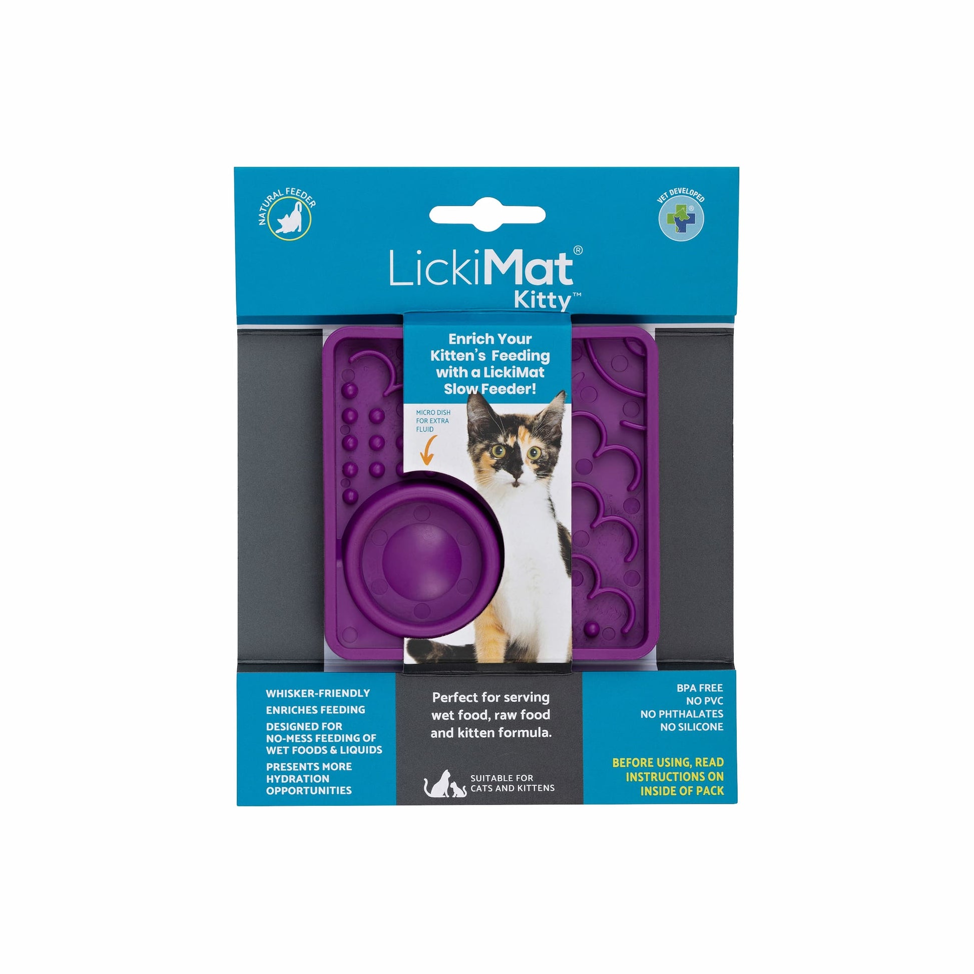 Purple LickiMat Kitty™ – Slow Feeder Lick Mat with Hydration Well for Cats (label) on white background