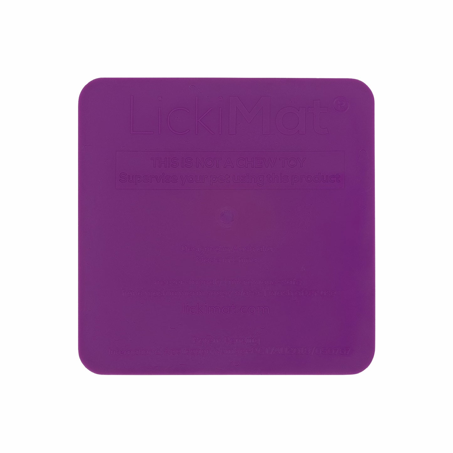 Purple LickiMat Kitty™ – Slow Feeder Lick Mat with Hydration Well for Cats (rear) on white background