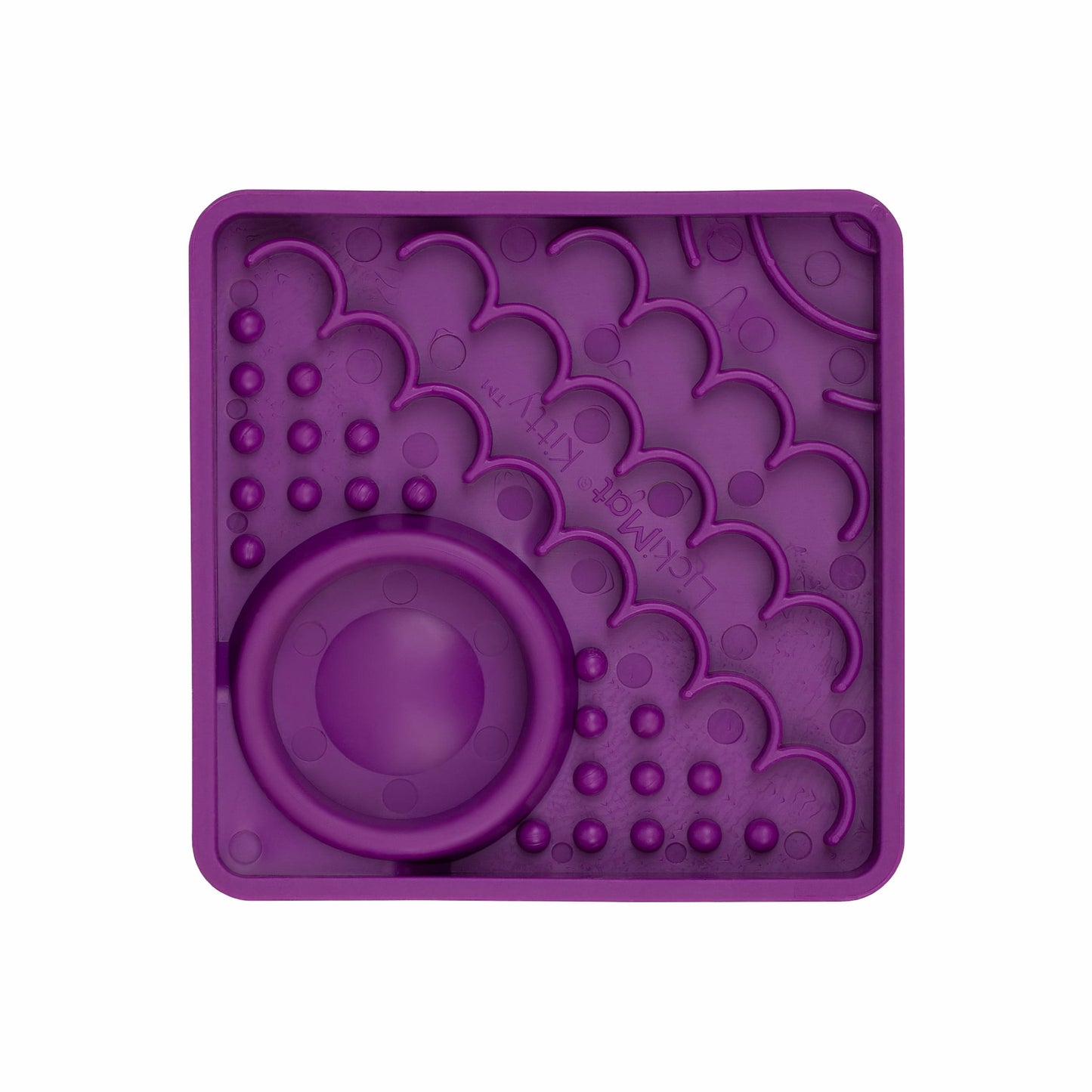 Purple LickiMat Kitty™ – Slow Feeder Lick Mat with Hydration Well for Cats (front) on white background