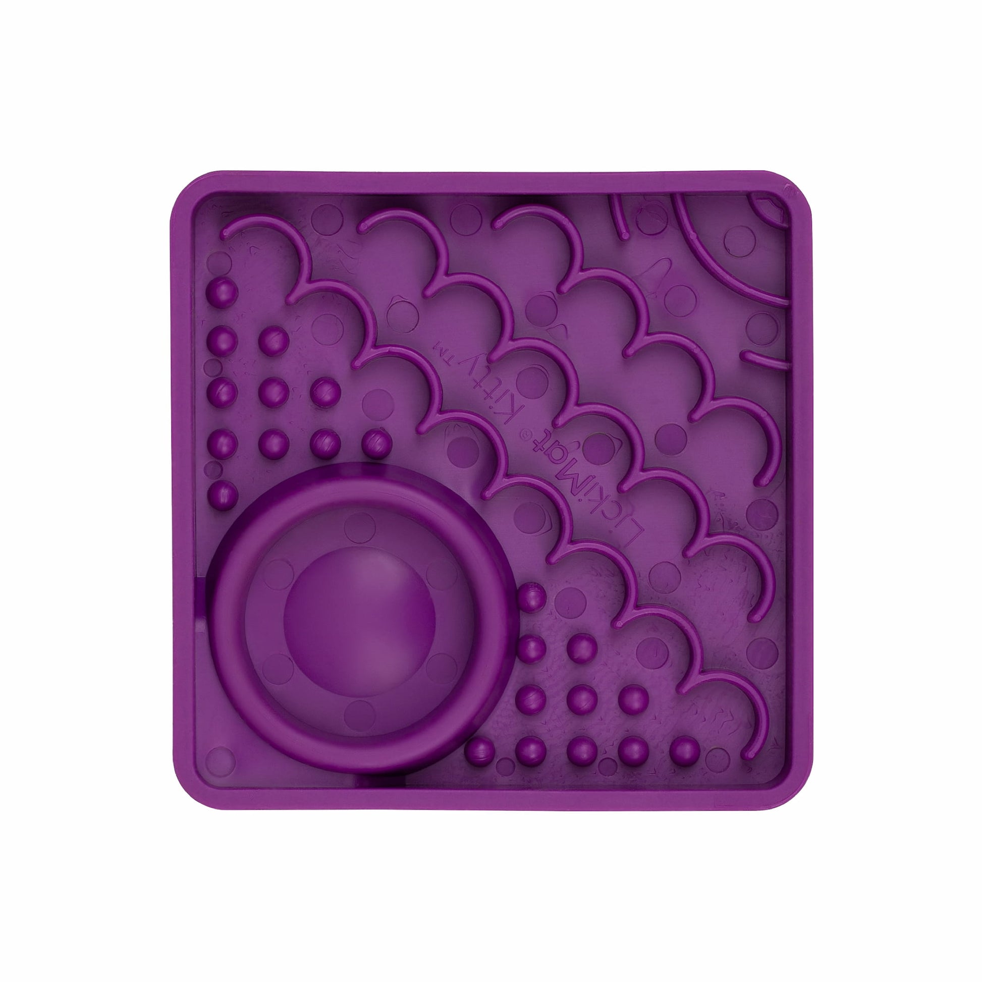 Purple LickiMat Kitty™ – Slow Feeder Lick Mat with Hydration Well for Cats (front) on white background