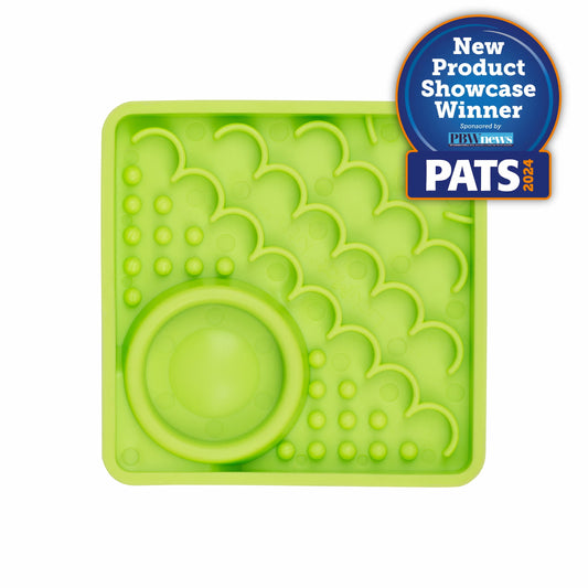 Green LickiMat Kitty™ – Slow Feeder Lick Mat with Hydration Well for Cats (front) on white background