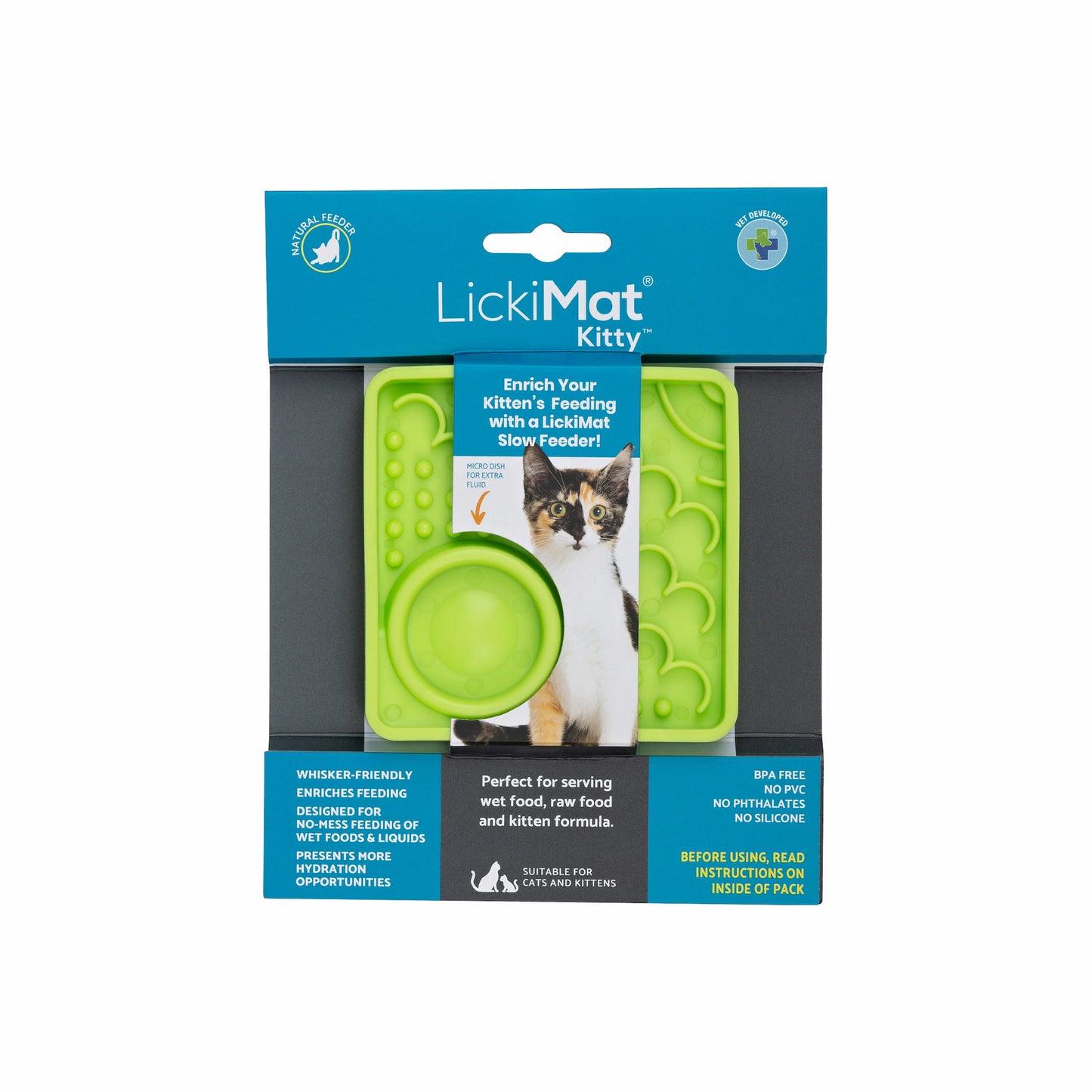 Green LickiMat Kitty™ – Slow Feeder Lick Mat with Hydration Well for Cats (label) on white background