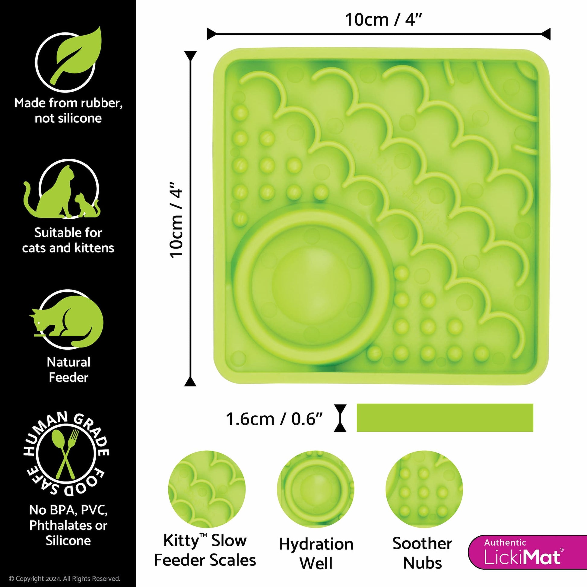 Green LickiMat Kitty™ – Slow Feeder Lick Mat with Hydration Well for Cats (measurements) on white background
