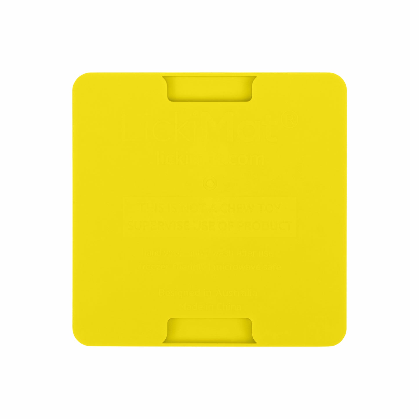 Yellow LickiMat® Mini Buddy™ – Slow Feeder Lick Mat for Cats (rear) on White background