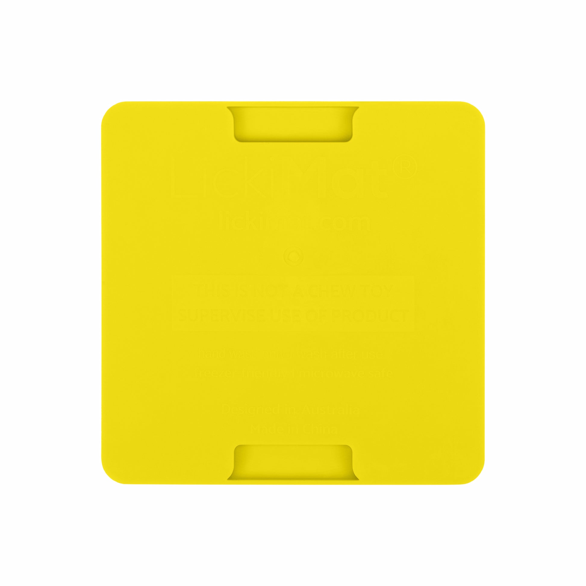Yellow LickiMat® Mini Buddy™ – Slow Feeder Lick Mat for Cats (rear) on White background