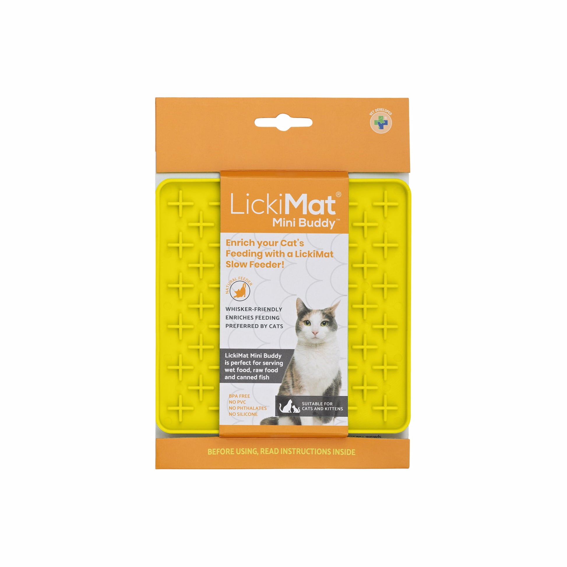 Yellow LickiMat® Mini Buddy™ – Slow Feeder Lick Mat for Cats (Label) on White background