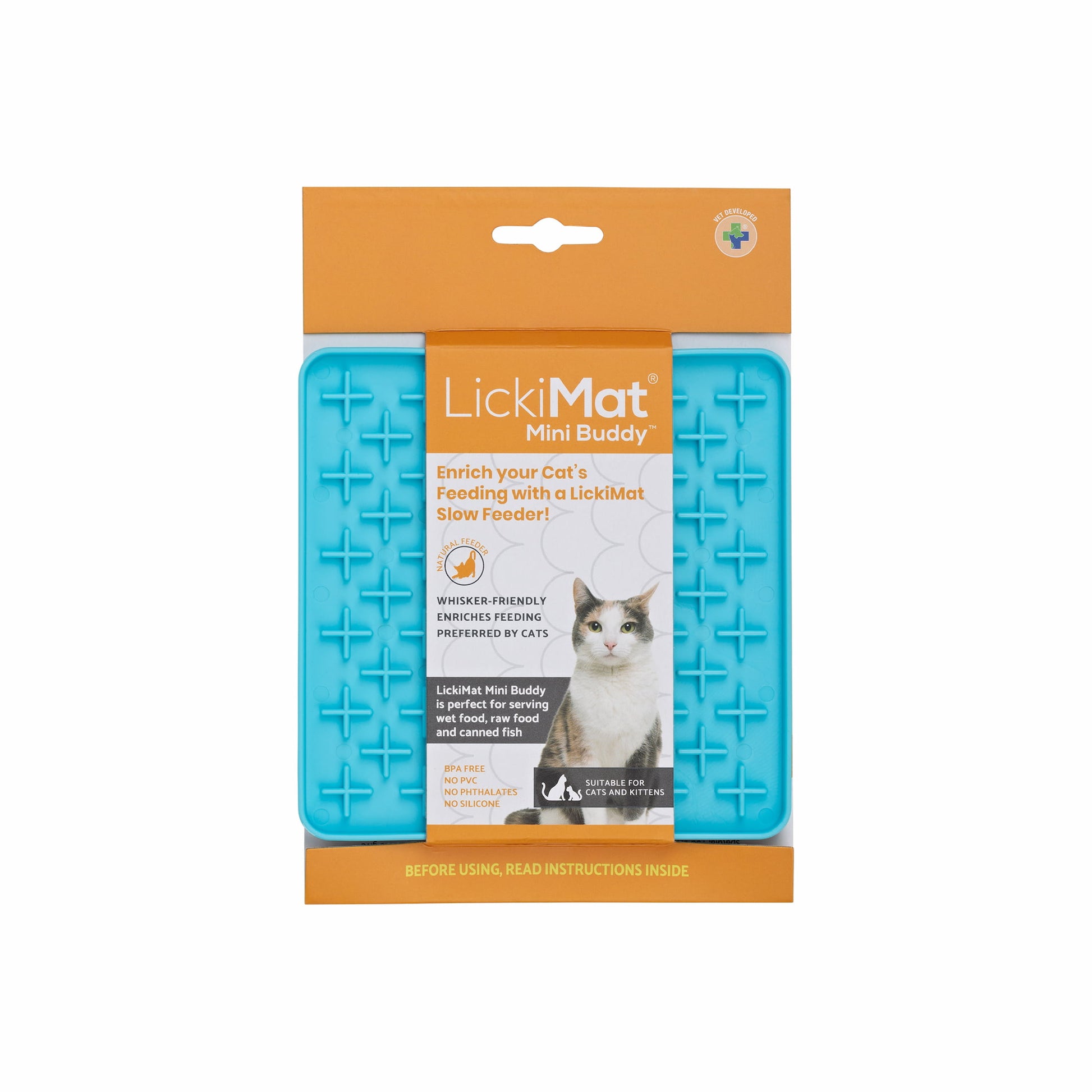 Turquoise LickiMat® Mini Buddy™ – Slow Feeder Lick Mat for Cats (Label) on White background