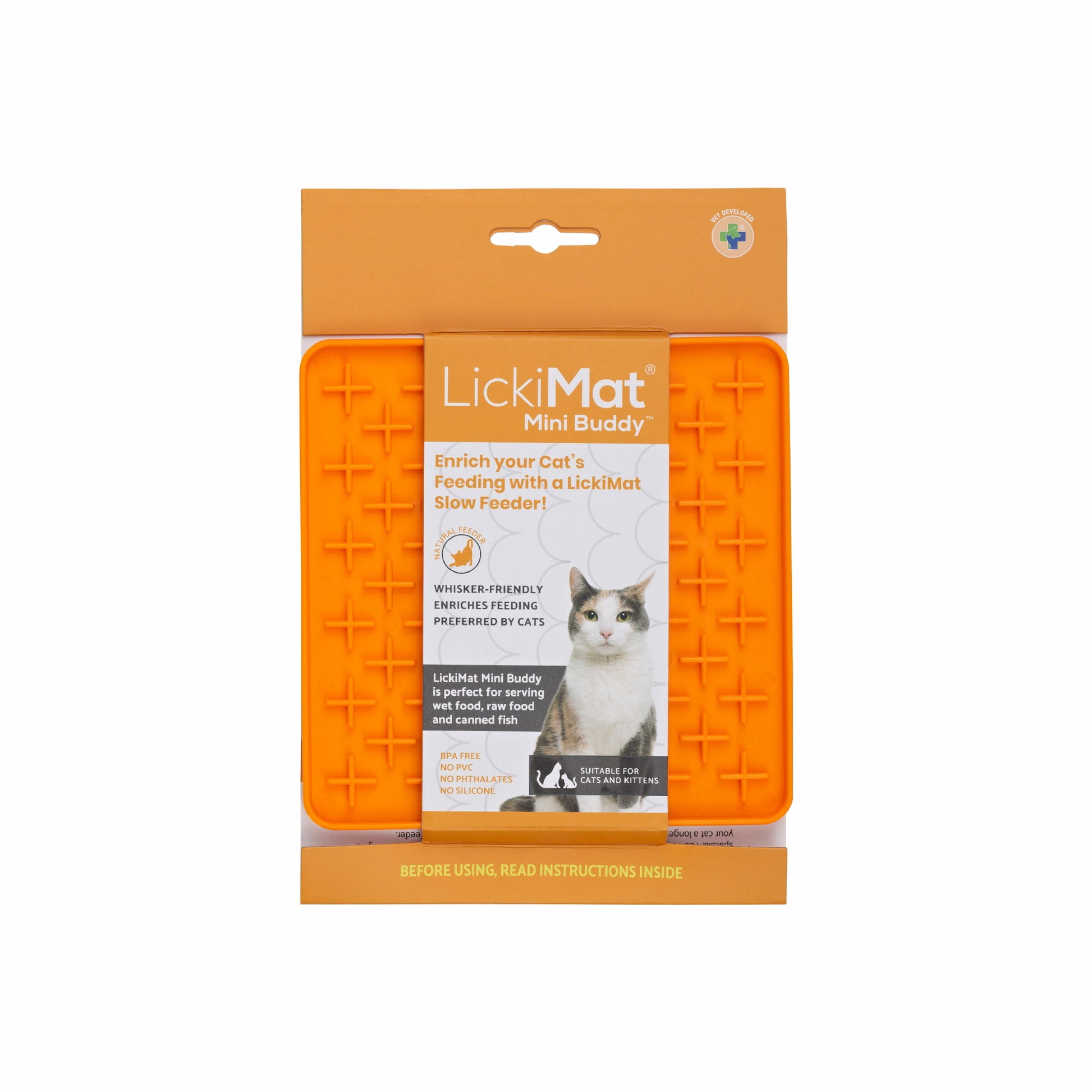 Orange LickiMat® Mini Buddy™ – Slow Feeder Lick Mat for Cats (Label) on White background