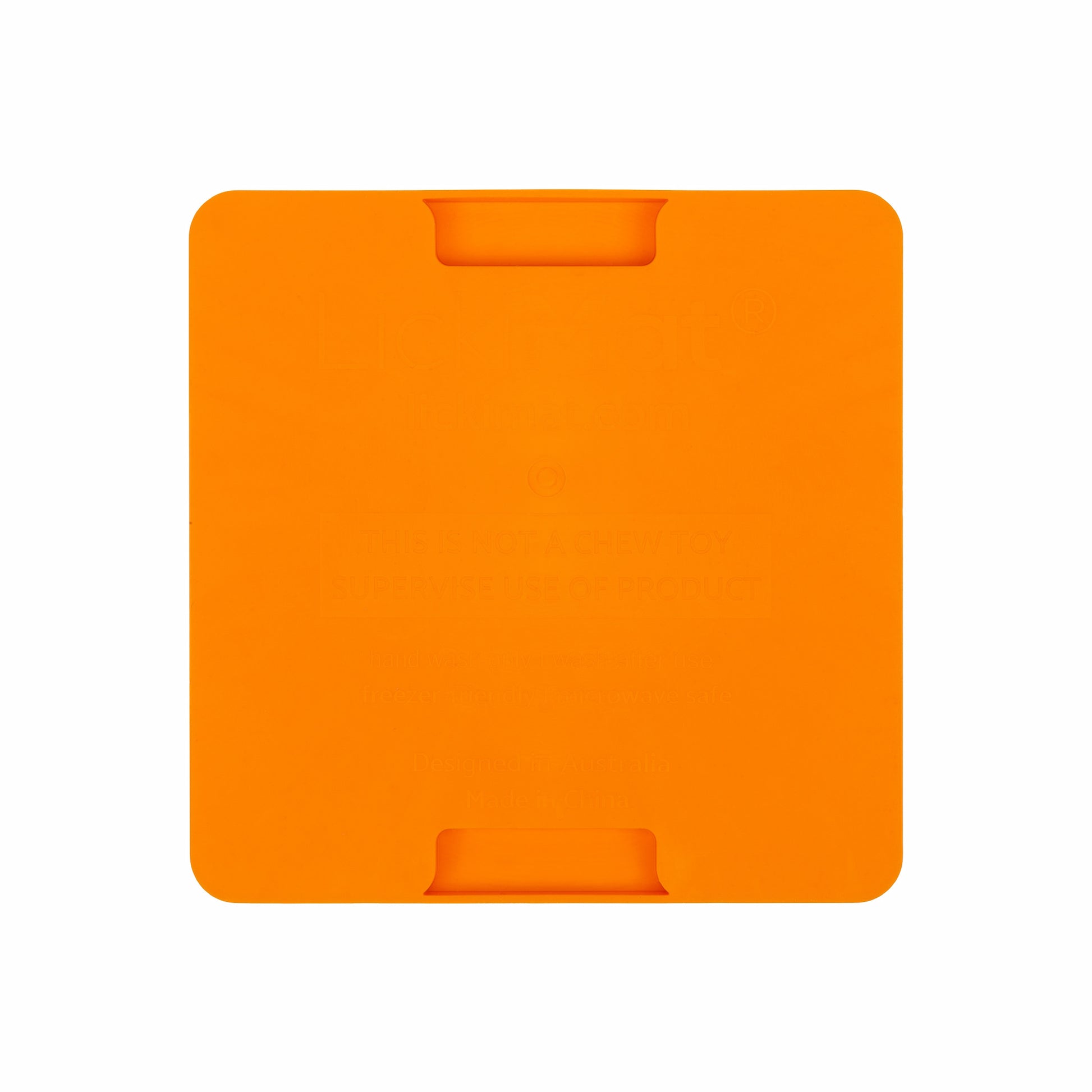 Orange LickiMat® Mini Buddy™ – Slow Feeder Lick Mat for Cats (rear) on White background