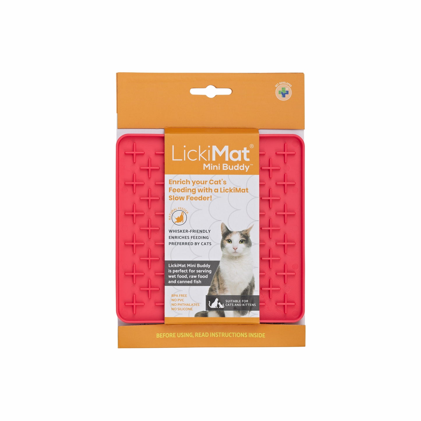 Pink LickiMat® Mini Buddy™ – Slow Feeder Lick Mat for Cats (Label) on White background