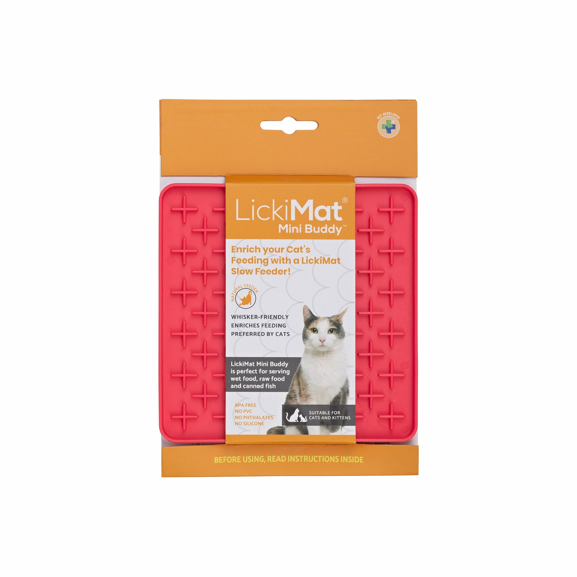 Pink LickiMat® Mini Buddy™ – Slow Feeder Lick Mat for Cats (Label) on White background