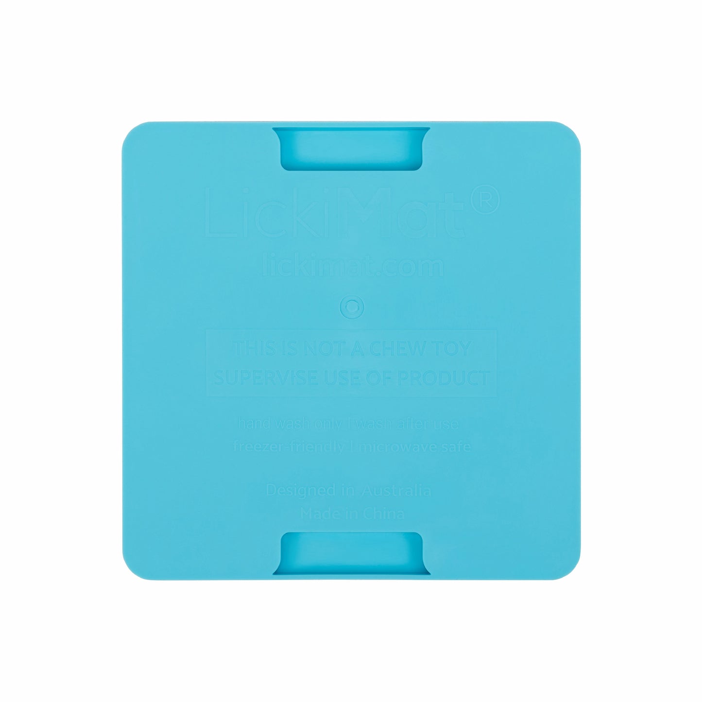 Turquoise LickiMat® Mini Buddy™ – Slow Feeder Lick Mat for Cats (rear) on White background