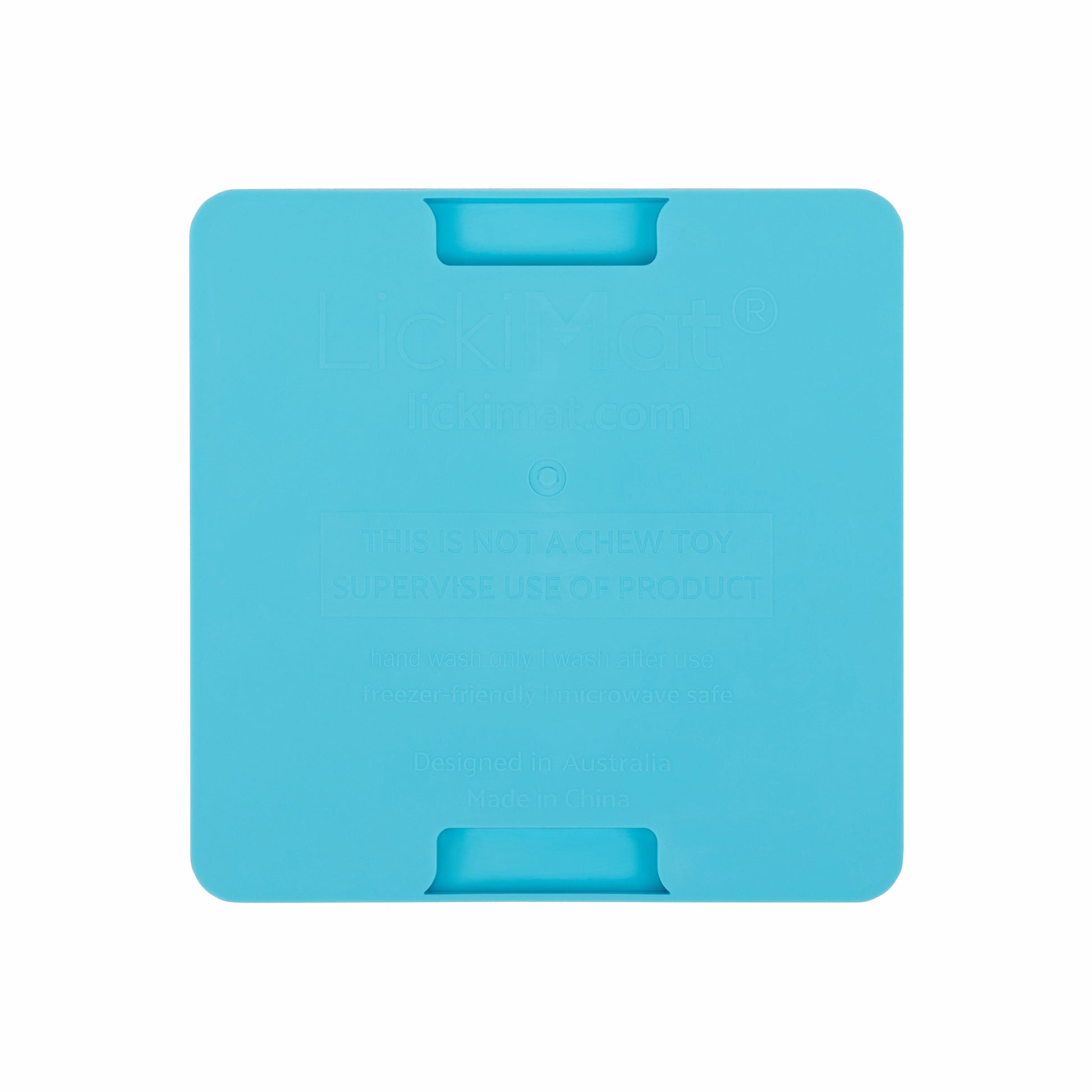 Turquoise LickiMat® Mini Buddy™ – Slow Feeder Lick Mat for Cats (rear) on White background