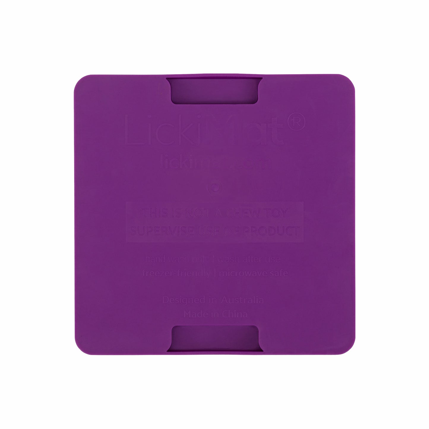 Purple LickiMat® Mini Buddy™ – Slow Feeder Lick Mat for Cats (rear) on White background