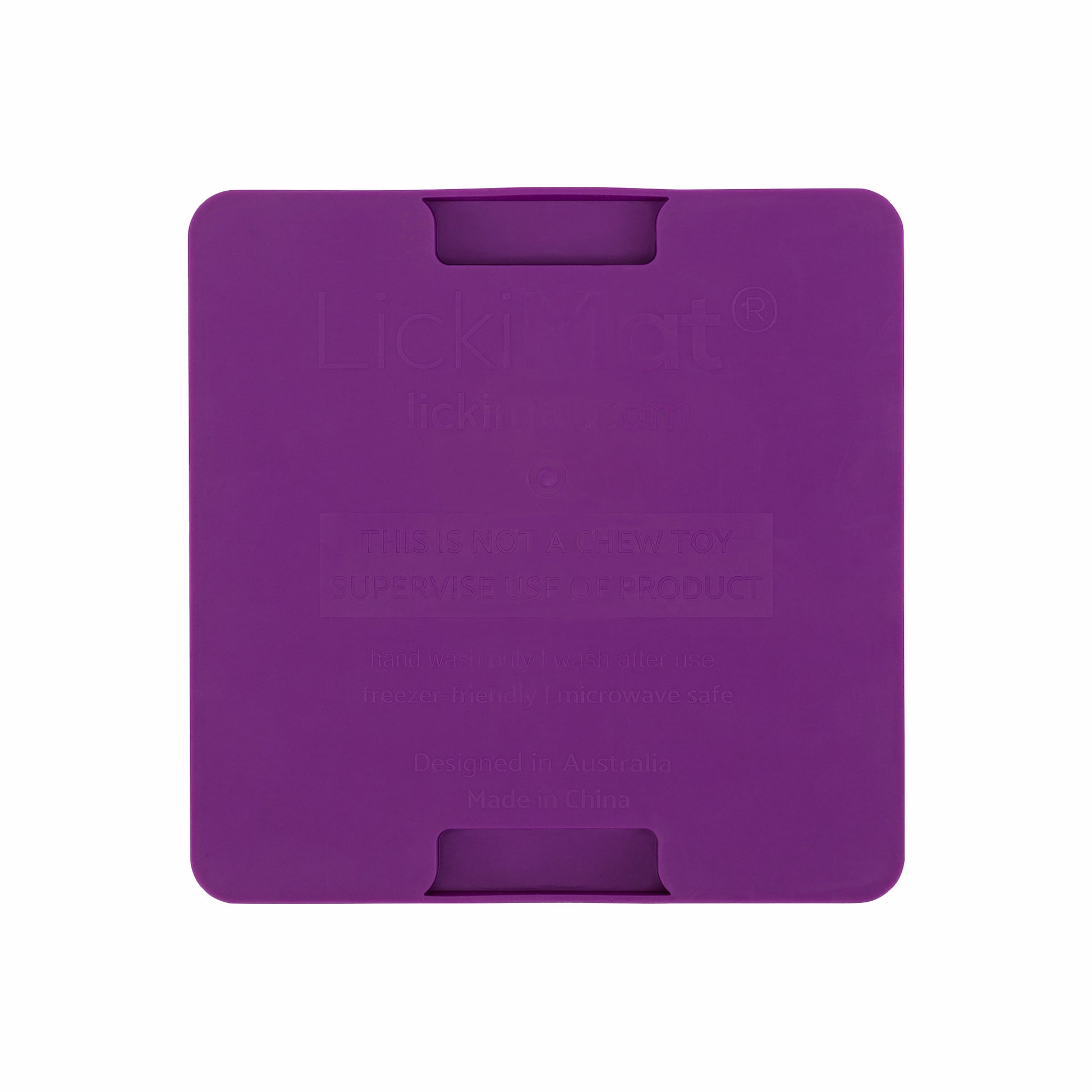 Purple LickiMat® Mini Buddy™ – Slow Feeder Lick Mat for Cats (rear) on White background