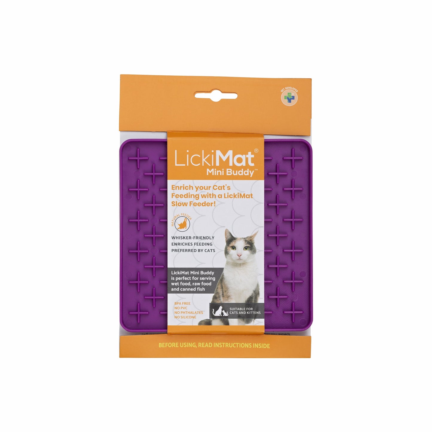 Purple LickiMat® Mini Buddy™ – Slow Feeder Lick Mat for Cats (Label) on White background