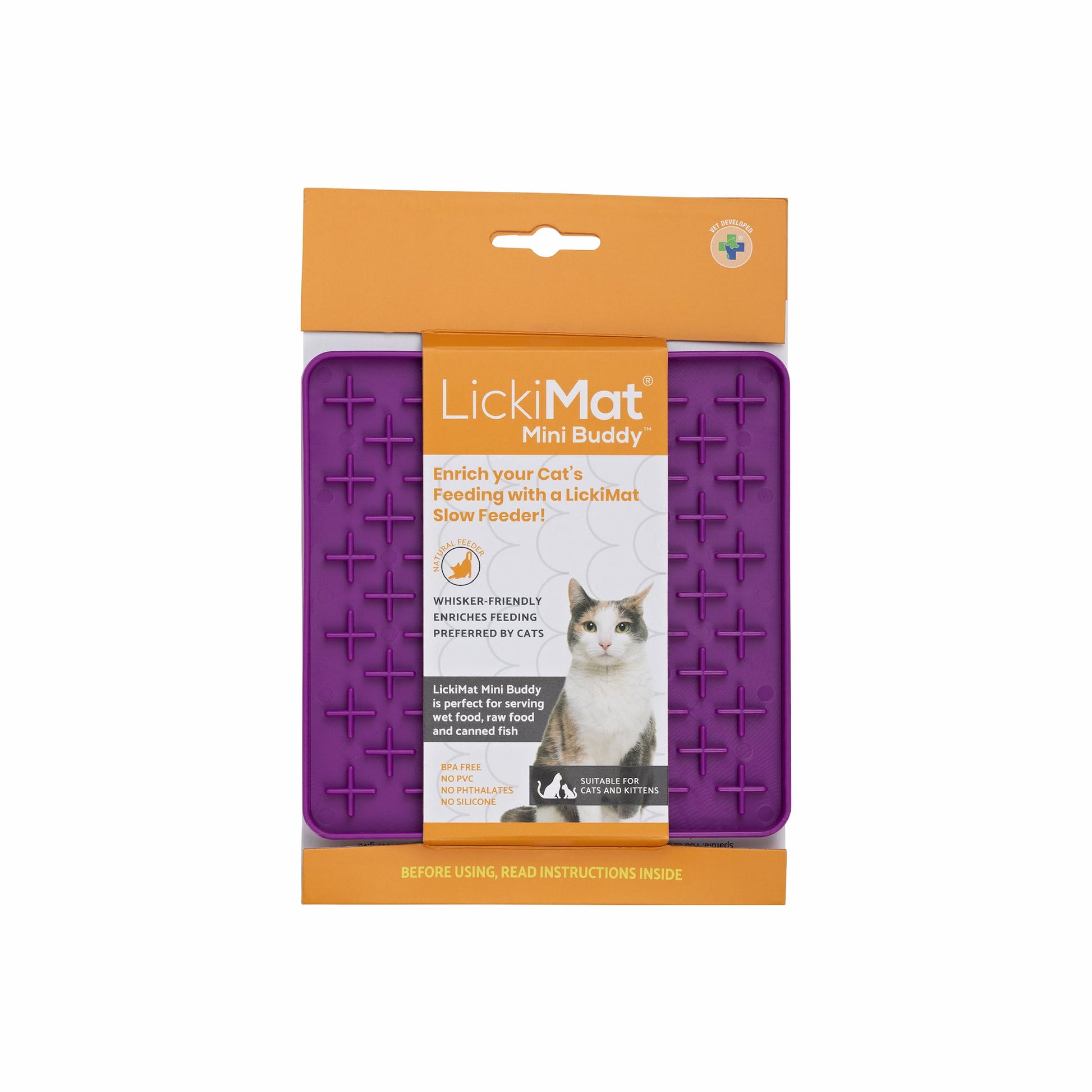Purple LickiMat® Mini Buddy™ – Slow Feeder Lick Mat for Cats (Label) on White background