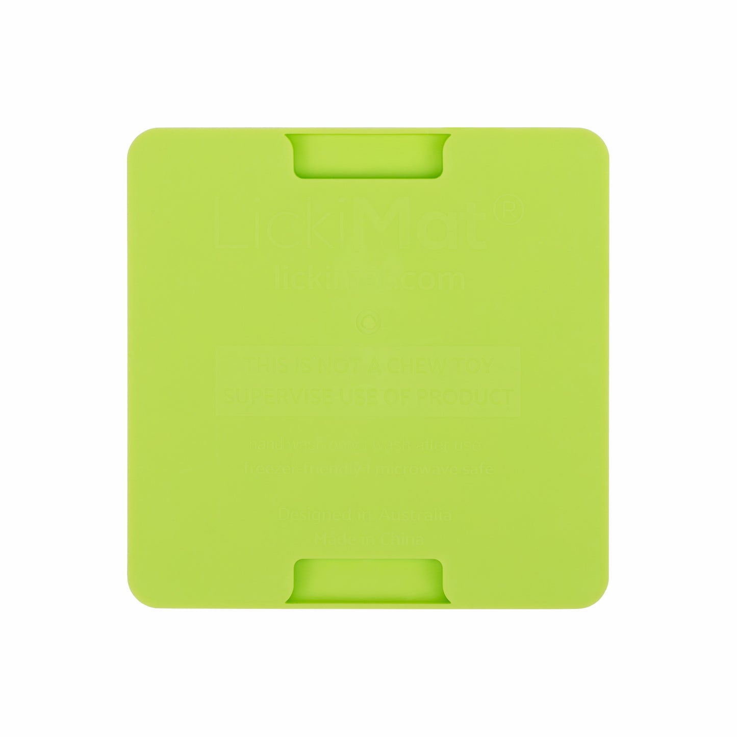 Green LickiMat® Mini Buddy™ – Slow Feeder Lick Mat for Cats (rear) on White background