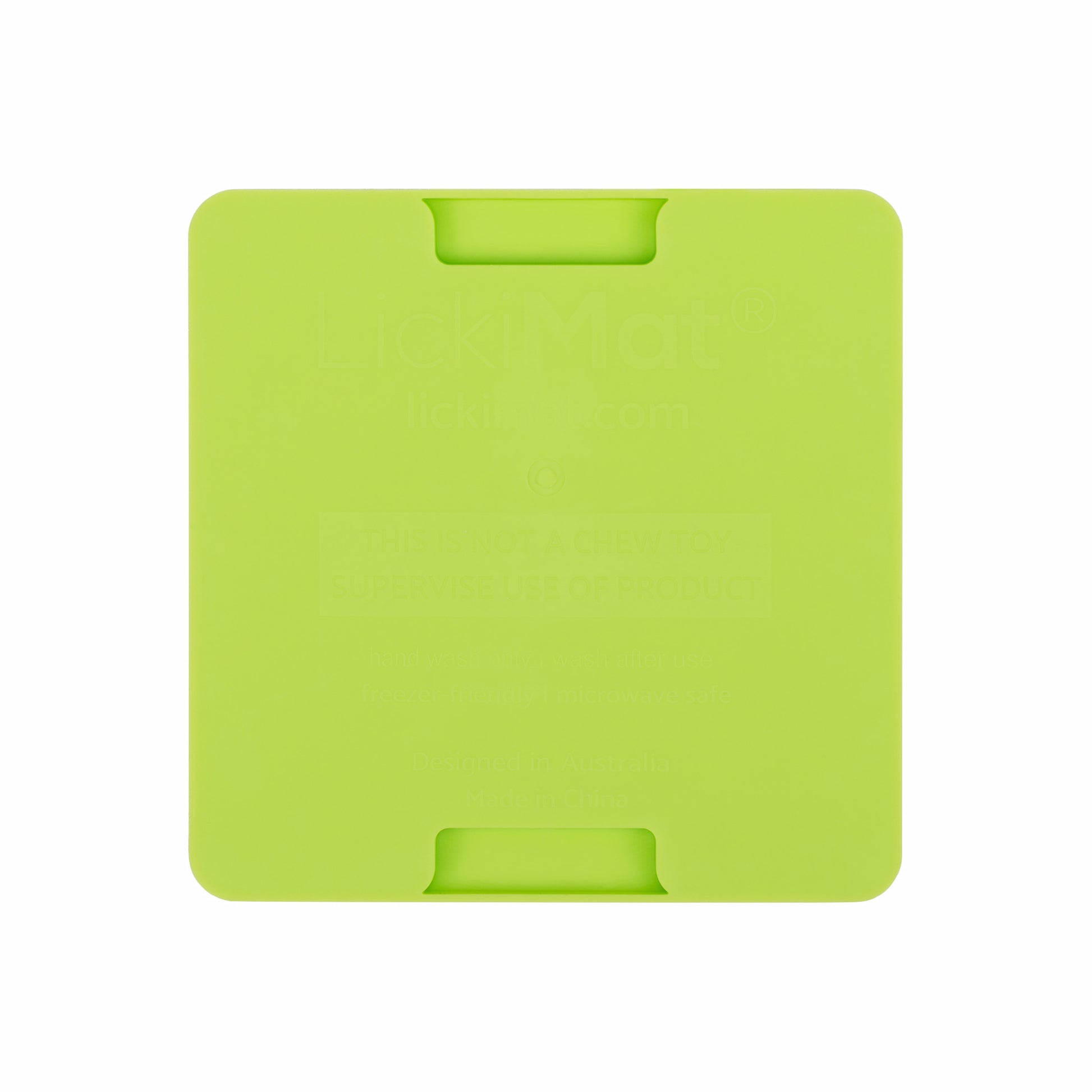 Green LickiMat® Mini Buddy™ – Slow Feeder Lick Mat for Cats (rear) on White background