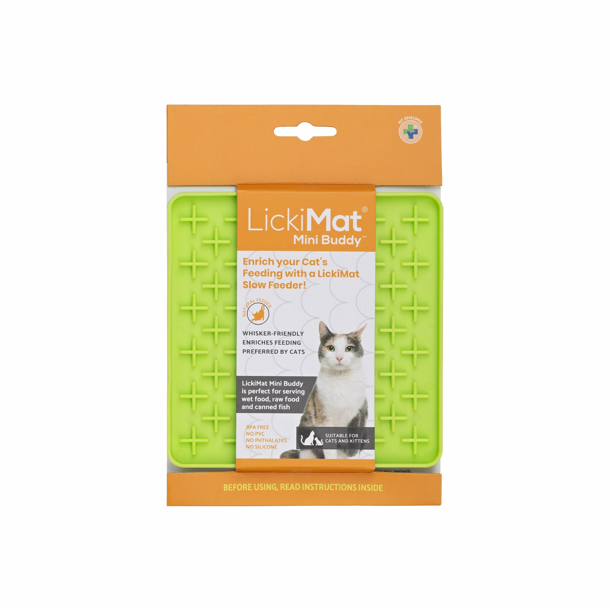 Green LickiMat® Mini Buddy™ – Slow Feeder Lick Mat for Cats (Label) on White background