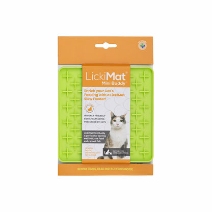Green LickiMat® Mini Buddy™ – Slow Feeder Lick Mat for Cats (Label) on White background