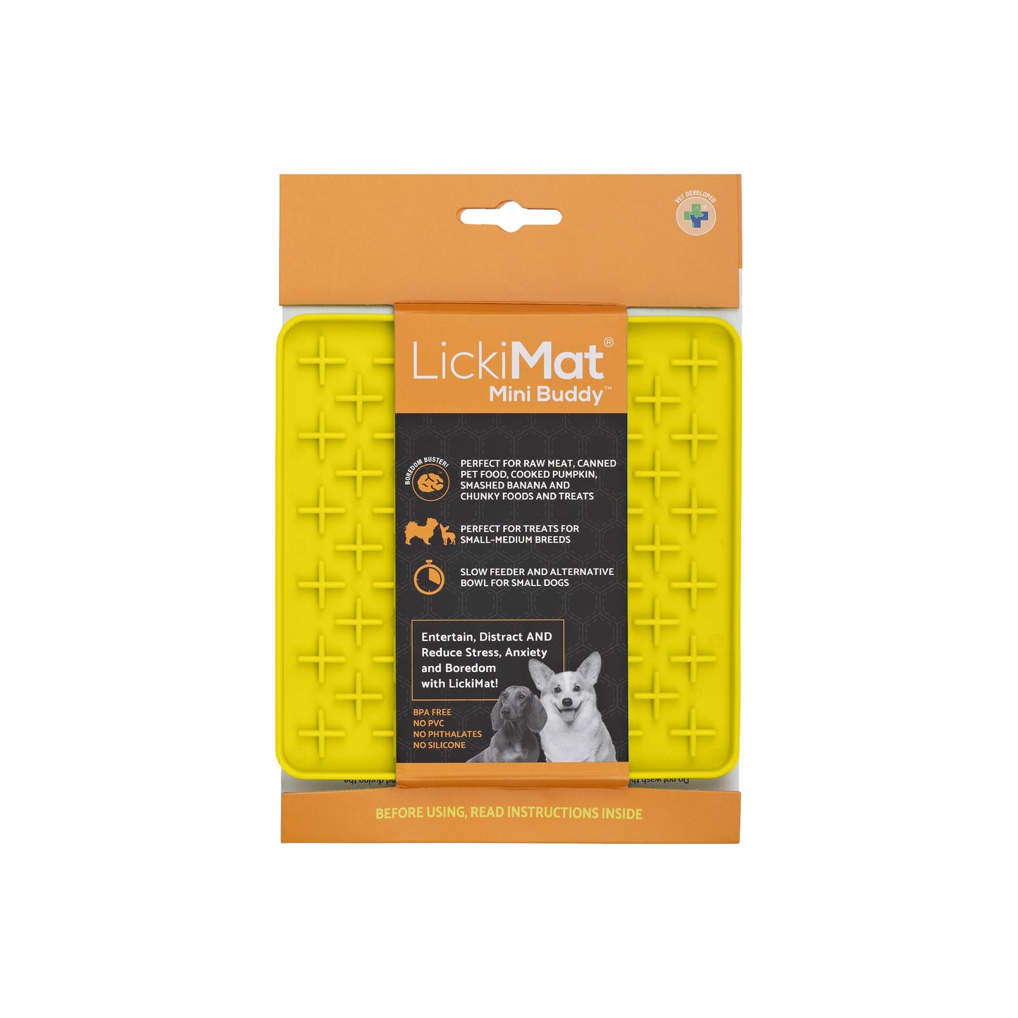 Yellow LickiMat® Mini Classic Buddy™ – Slow Feeder Lick Mat for Small Dogs (label) on white background