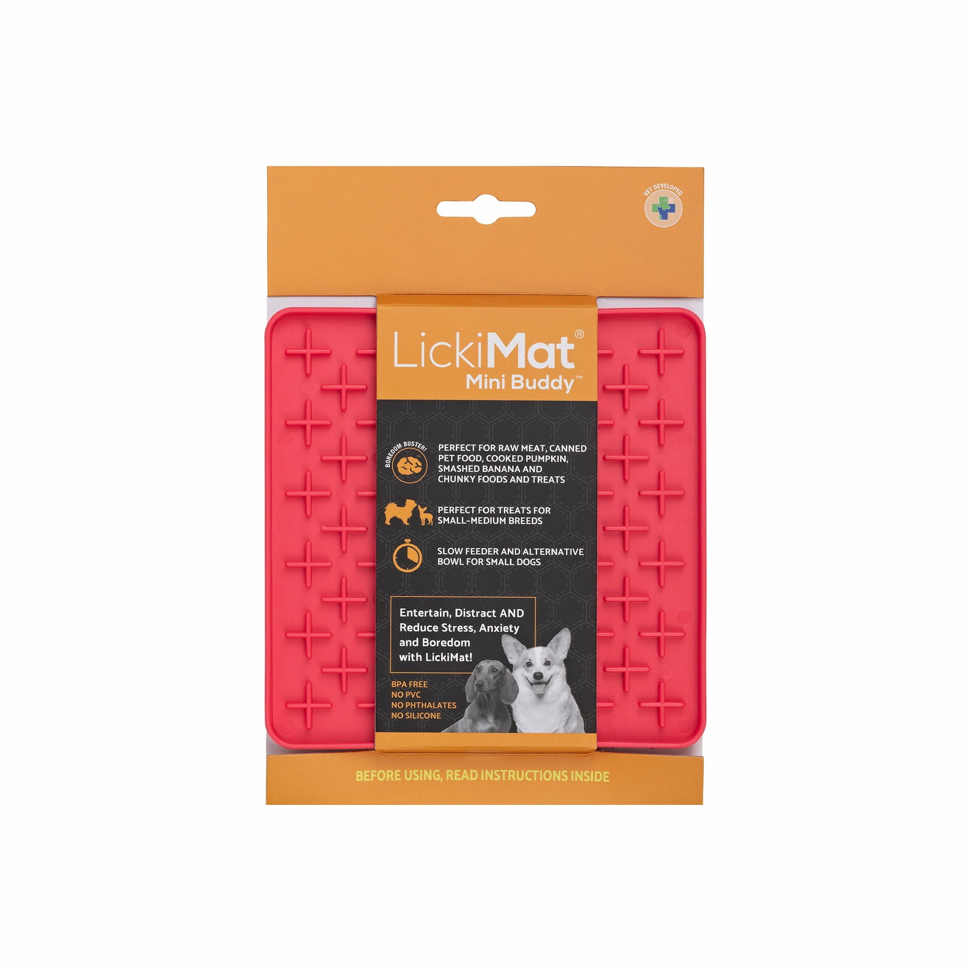 Pink LickiMat® Mini Classic Buddy™ – Slow Feeder Lick Mat for Small Dogs (label) on white background