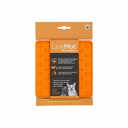 Orange LickiMat® Mini Classic Buddy™ – Slow Feeder Lick Mat for Small Dogs (label) on white background