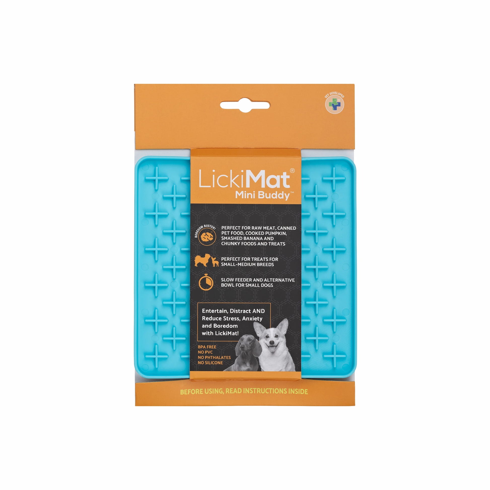 Turquoise LickiMat® Mini Classic Buddy™ – Slow Feeder Lick Mat for Small Dogs (label) on white background
