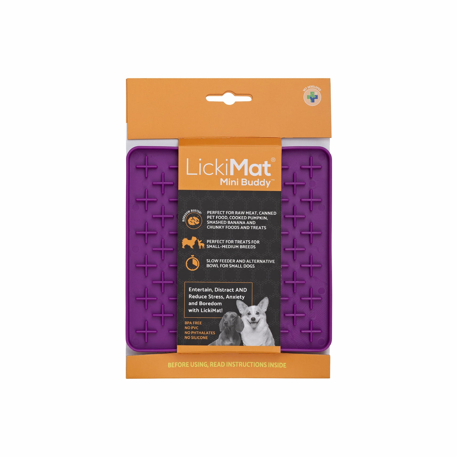Purple LickiMat® Mini Classic Buddy™ – Slow Feeder Lick Mat for Small Dogs (label) on white background