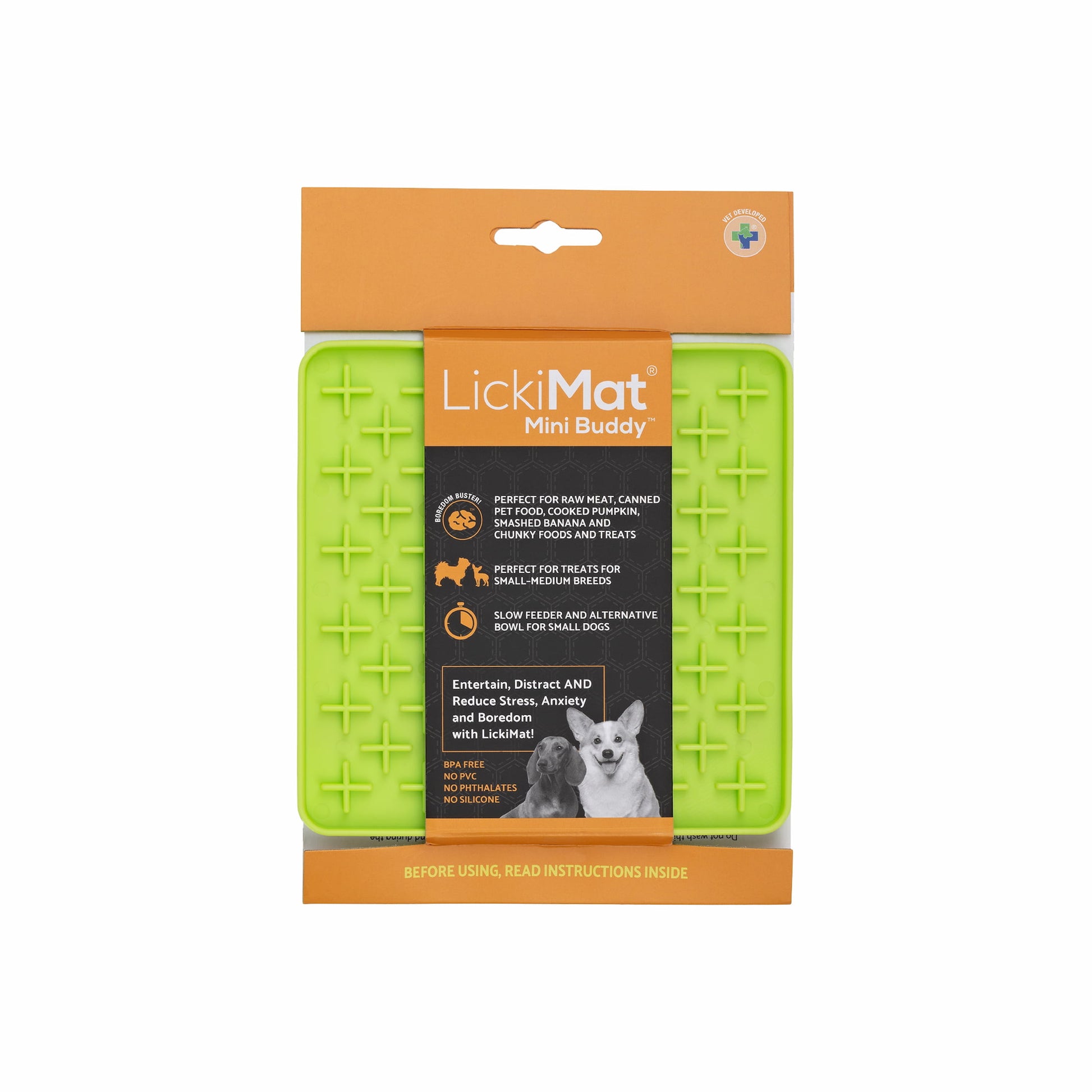 Green LickiMat® Mini Classic Buddy™ – Slow Feeder Lick Mat for Small Dogs (label) on white background