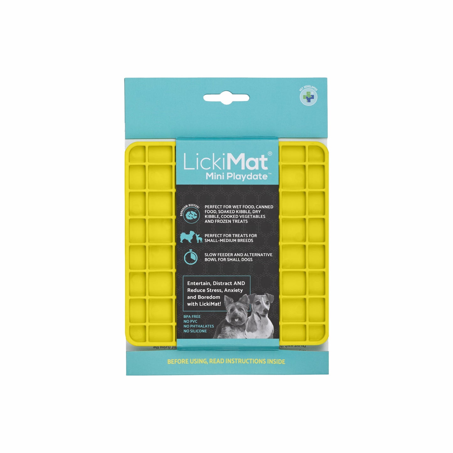 Yellow LickiMat® Mini Classic Playdate™ – Slow Feeder Lick Mat for Small Dogs (label) on white background