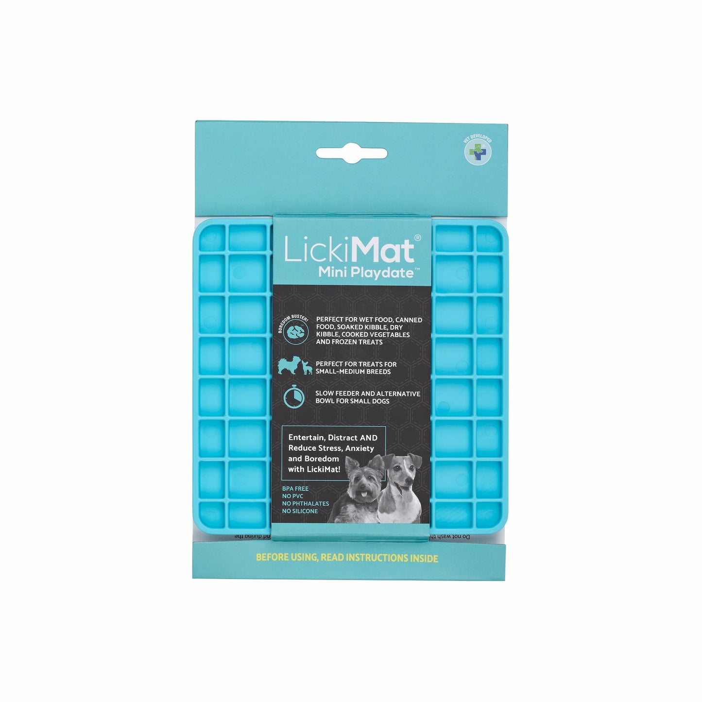 Turquoise LickiMat® Mini Classic Playdate™ – Slow Feeder Lick Mat for Small Dogs (label) on white background