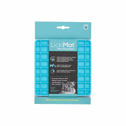 Turquoise LickiMat® Mini Classic Playdate™ – Slow Feeder Lick Mat for Small Dogs (label) on white background