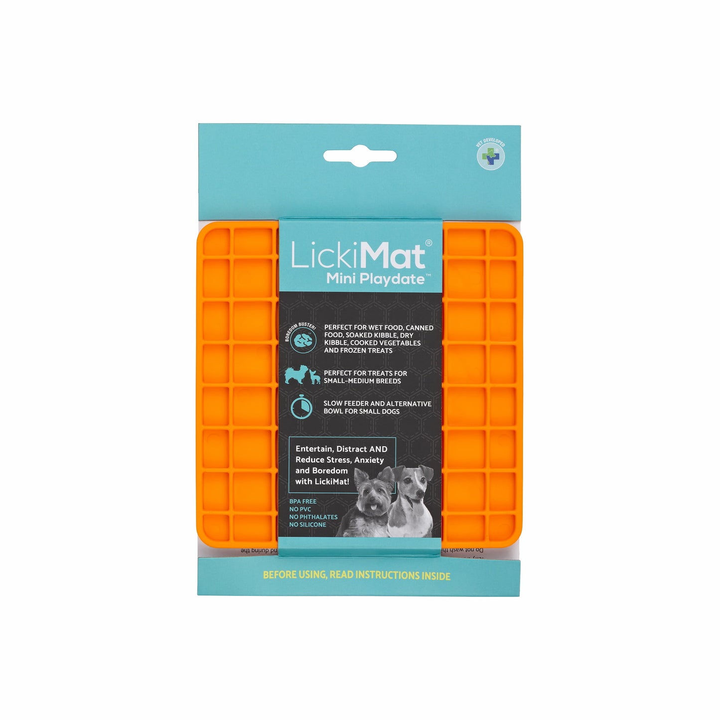 Orange LickiMat® Mini Classic Playdate™ – Slow Feeder Lick Mat for Small Dogs (label) on white background