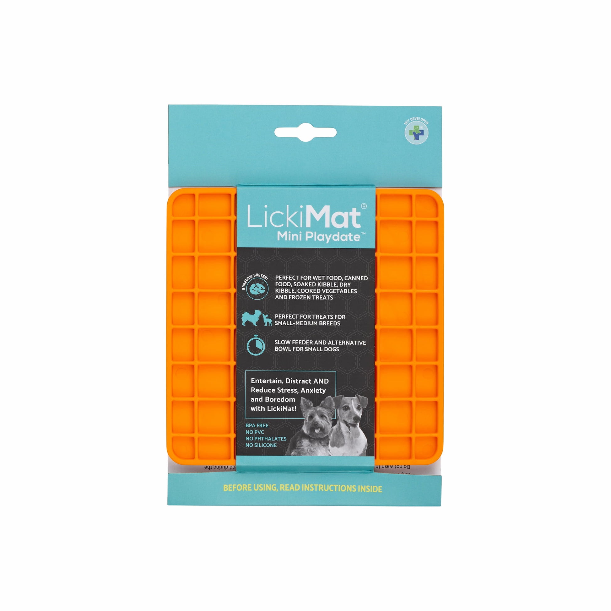 Orange LickiMat® Mini Classic Playdate™ – Slow Feeder Lick Mat for Small Dogs (label) on white background