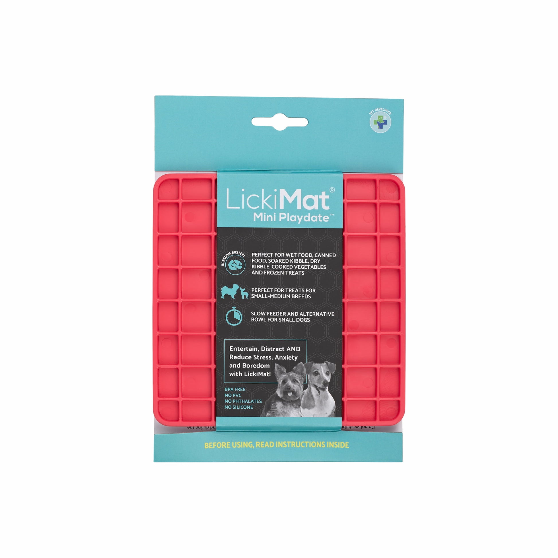 Pink LickiMat® Mini Classic Playdate™ – Slow Feeder Lick Mat for Small Dogs (label) on white background