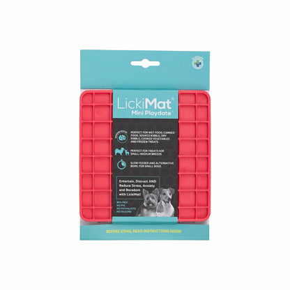 Pink LickiMat® Mini Classic Playdate™ – Slow Feeder Lick Mat for Small Dogs (label) on white background