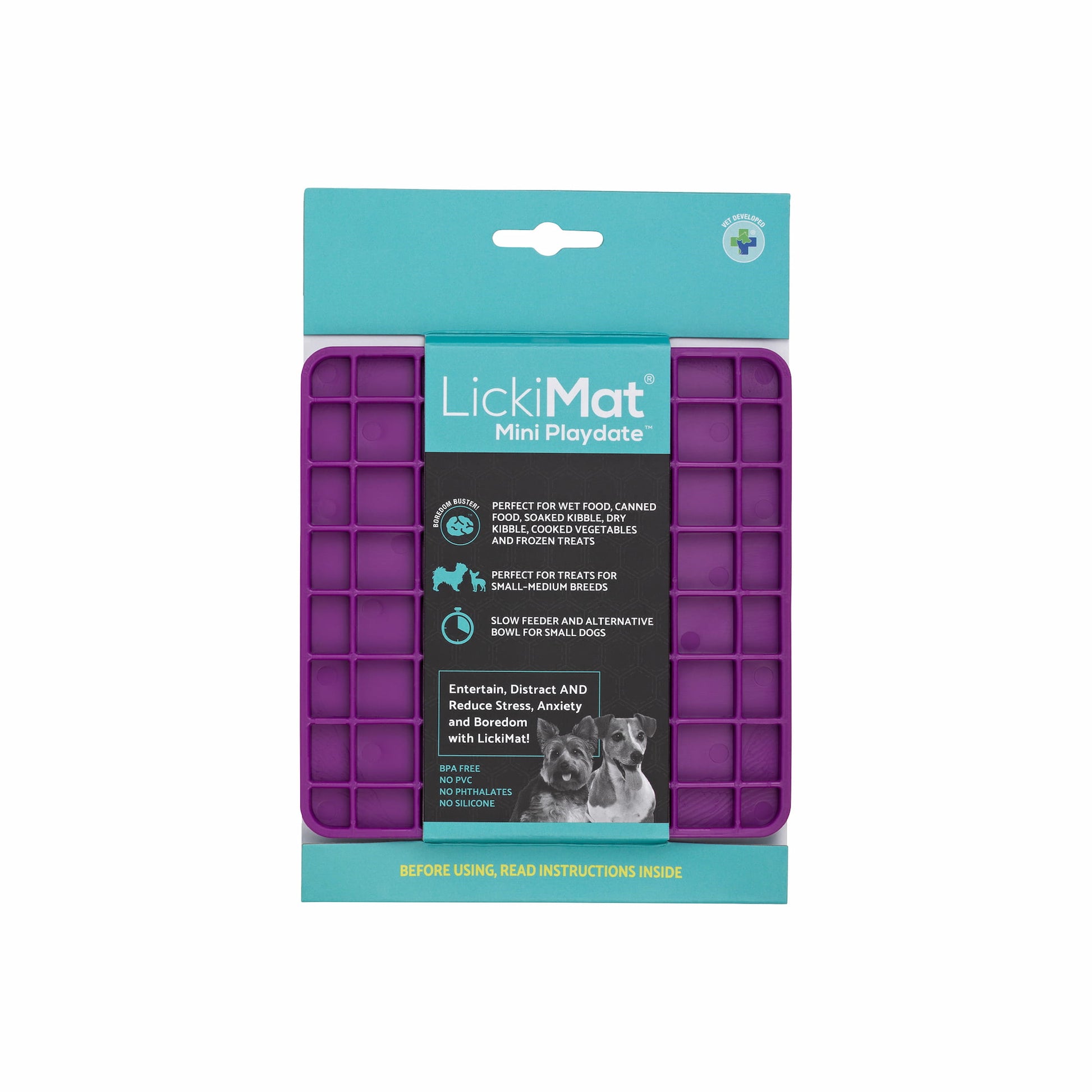Purple LickiMat® Mini Classic Playdate™ – Slow Feeder Lick Mat for Small Dogs (label) on white background
